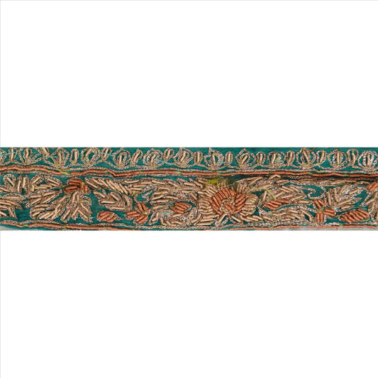 Sanskriti Vintage Sari Border Antique Hand Embroidered 1Yd Indian Trim Green Lace