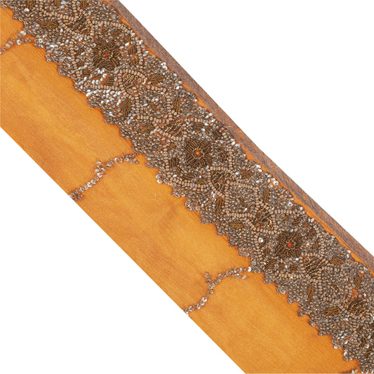 SANSKRITI VINTAGE SAREE BORDER HAND BEADED 1 YD TRIMS LACE 3W PURE SILK SAFFRON