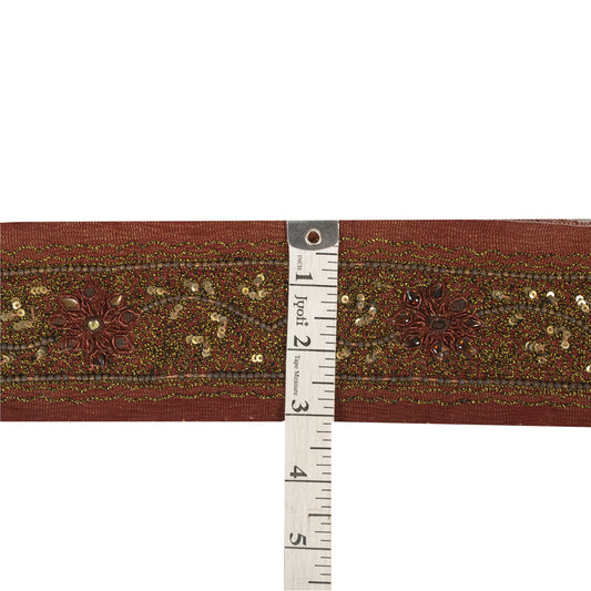 Sanskriti Vintage Sari/Saree Border Hand Beaded Zari 1 YD Trim Maroon 2.5W Lace