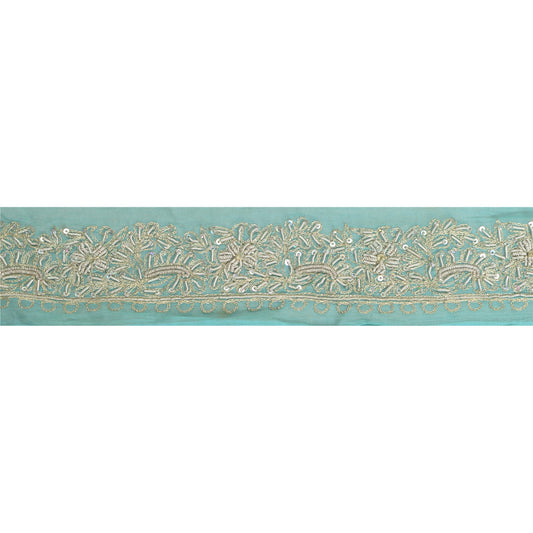 Sanskriti Vintage Sari Border Hand Beaded Craft 1 Yd Sewing Sea Green Trims Lace