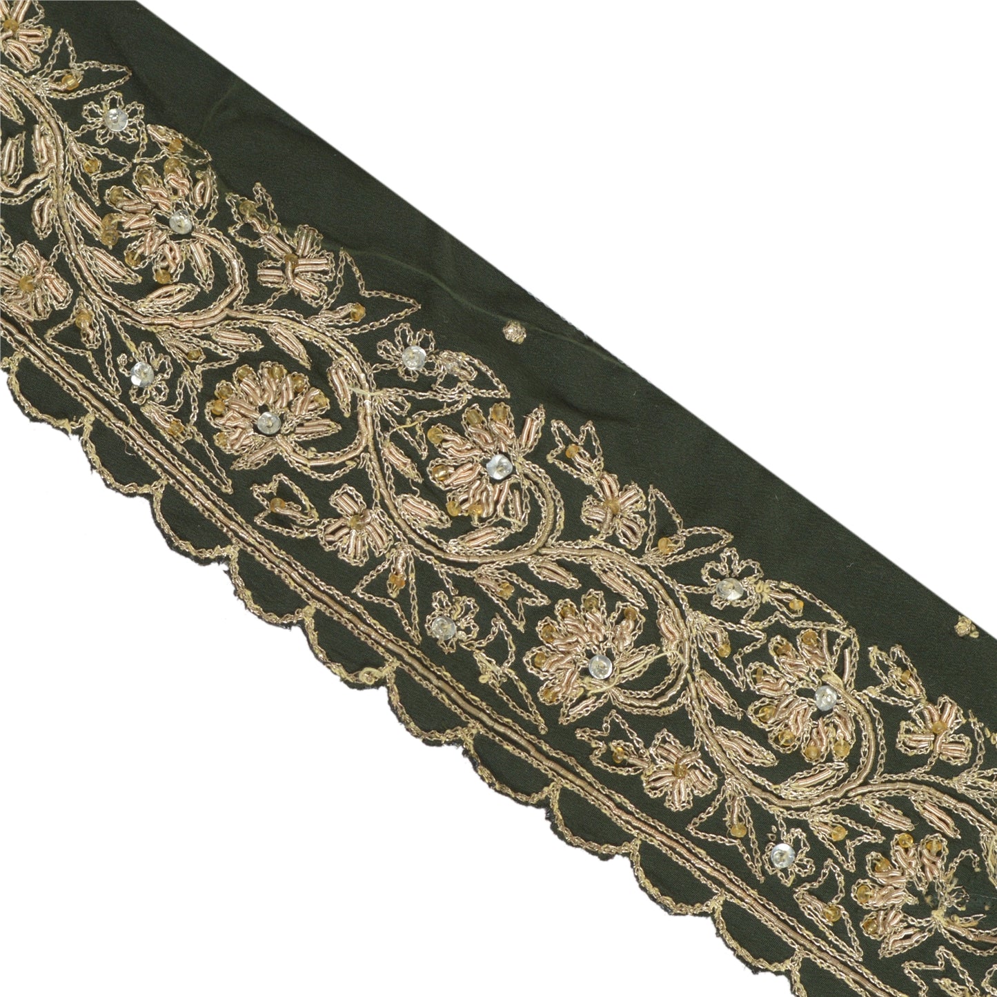 Sanskriti Vintage Saree Border Hand Beaded Craft 1Yd Trims Lace 2W Zari Green