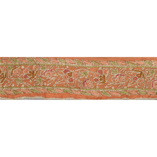 Sanskriti Vintage Sari Border Hand Embroidered Craft 1 Yd Orange Trims Lace