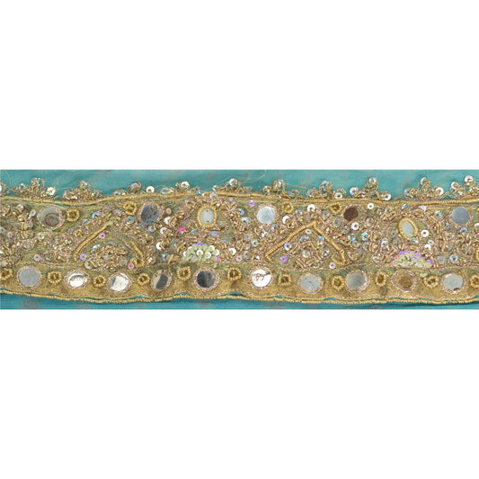 Sanskriti Vintage Sari Border Hand Beaded Craft 1 Yd Sewing Sky Blue Trims Lace