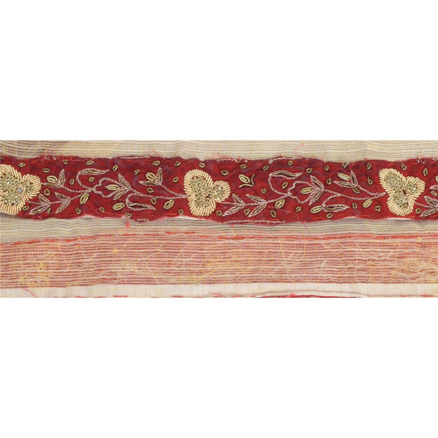 Sanskriti Vintage Sari Border Hand Beaded 1 Yd Indian Trim Sewing Dark Red Lace