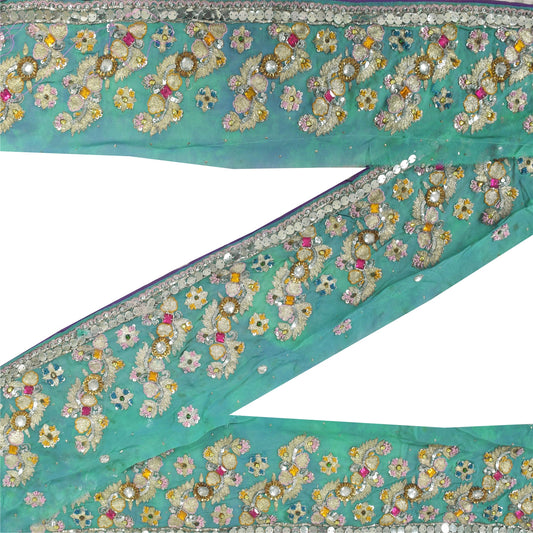 Sanskriti Vintage Sari Border Hand Beaded Zari Zardozi 1 YD Trim Blue 4W Lace