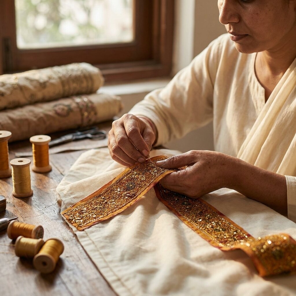 Sanskriti Vintage 1 YD Sari Border Orange Pure Crepe Hand Embroidered Craft Trim