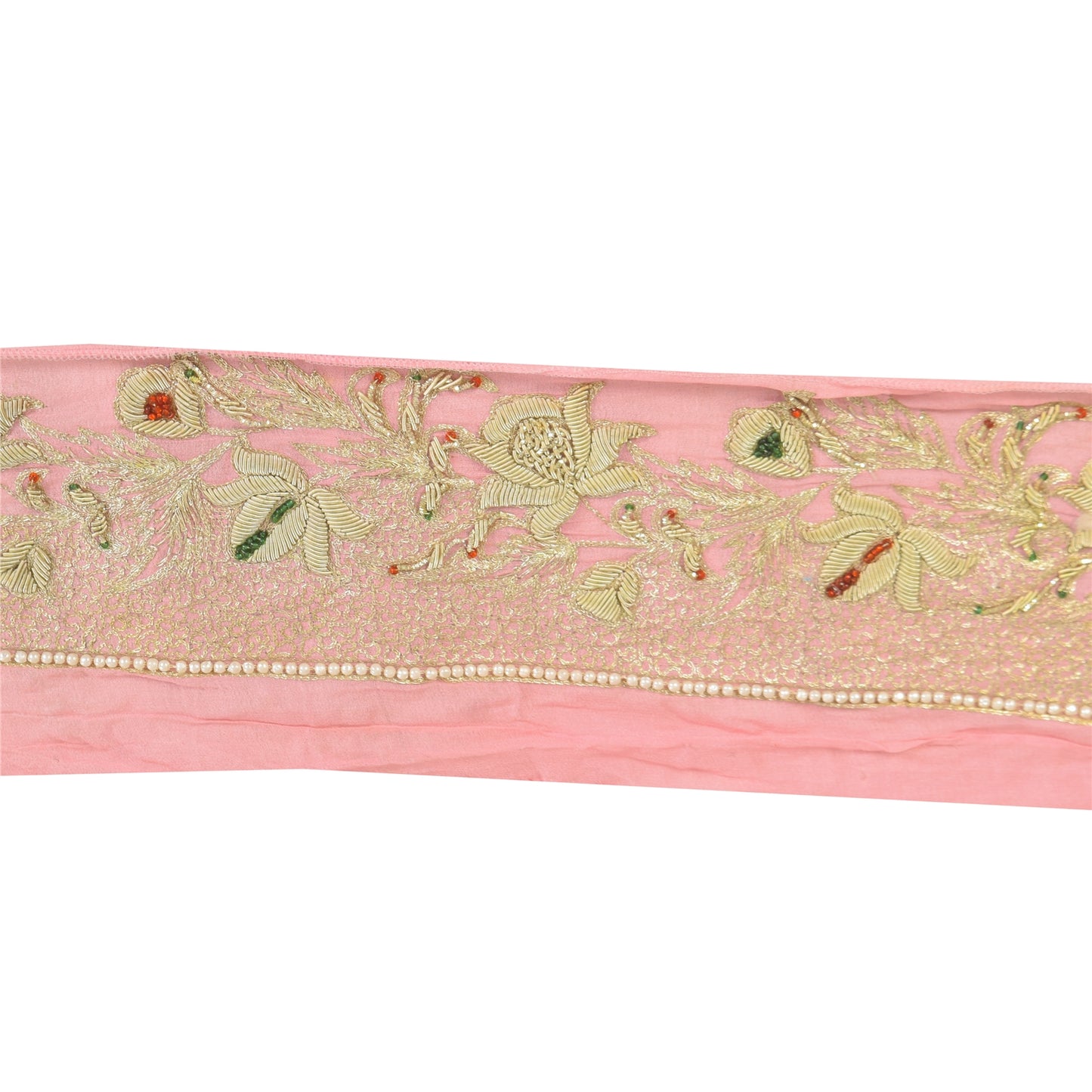 Sanskriti Vintage Sari/Saree Border Hand Beaded Zari 1 YD CraftTrim Pink 4W Lace