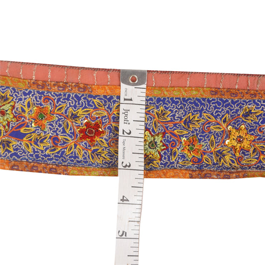 Sanskriti Vintage Sari/Saree Border Hand Beaded 1YD Trim Blue & Orange 2.5W Lace