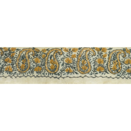Sanskriti Vintage Sari Border Hand Embroidered Craft 1Yd Sewing Ivory Trims Lace