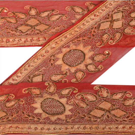 Sanskriti Vintage Border Hand Beaded 1 Yard Indian Trim Sewing Red Sequins Lace