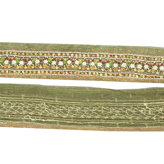 SANSKRITI VINTAGE SARI BORDER HAND BEADED 1 YD TRIMS 1.5W RIBBON DECOR GREEN