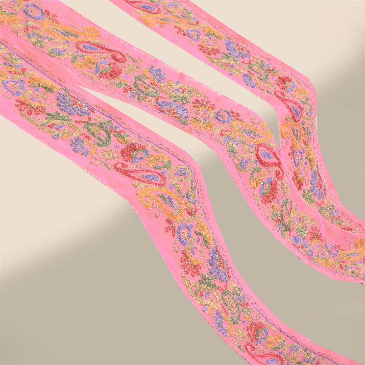 Sanskriti Vintage Sari Border Hand Beaded Craft 1 YD Sewing Pink Trims Deco Lace