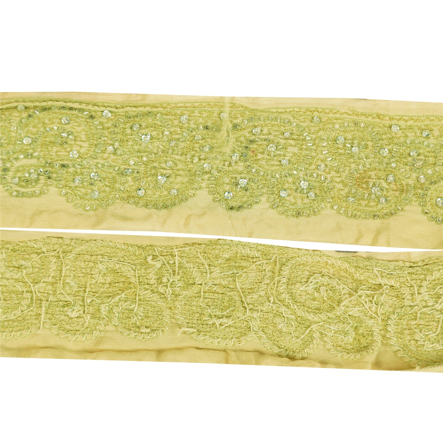 Sanskriti Vintage Sari/Saree Border Hand Beaded Thread 1 YD Trim Green 3W Lace