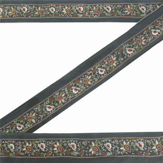 Sanskriti Vintage Sari/Saree Border Hand Embroidery 1YD Trim Grayish 3.2W Black