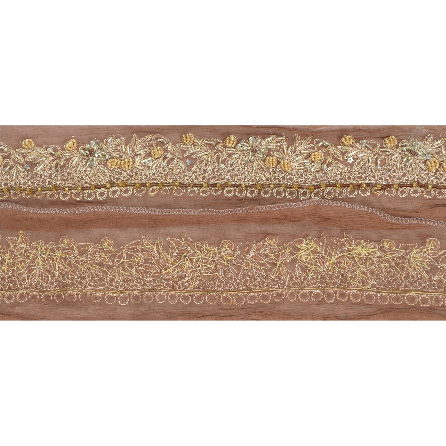 Sanskriti Vintage Sari Border Hand Beaded 1 Yd Indian Trim Sewing Brown Lace