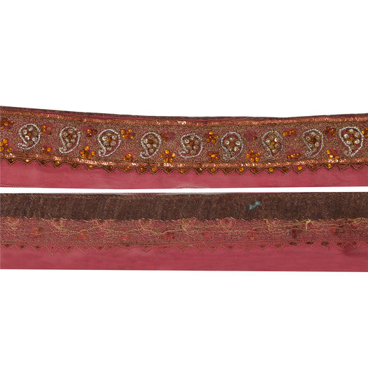 Sanskriti Vintage Sari Border Hand Beaded Craft Trims Lace 1YD Zari Pink Ribbon