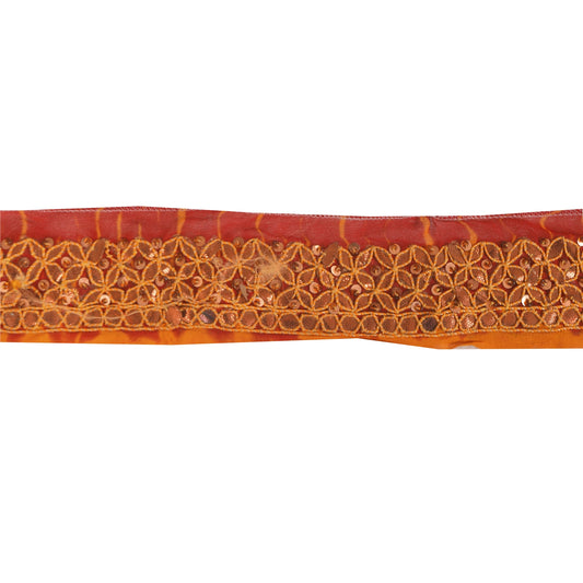 SANSKRITI VINTAGE SARI BORDER HAND BEADED 1YD TRIMS 1.5W RIBBON RED ORANGE