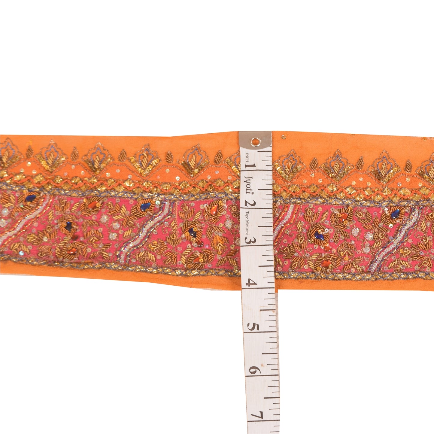 SANSKRITI VINTAGE SARI BORDER HAND BEADED CRAFT 1 YD TRIMS LACE 3W ORANGE PINK