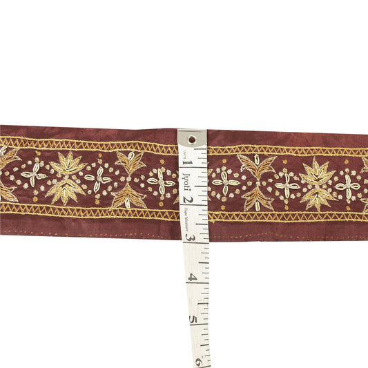 Sanskriti Vintage Sari Border Hand Beaded Craft 1 YD Zardozi Dark Red Trims Lace