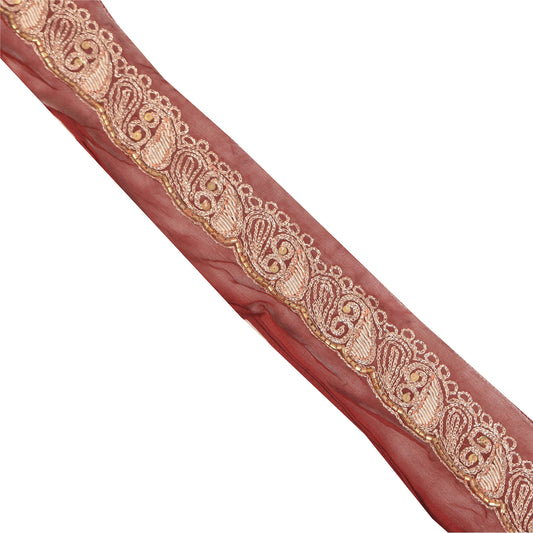 SANSKRITI VINTAGE SARI BORDER HAND BEADED 1 YD TRIMS DECOR 1.5'W RIBBRON MAROON