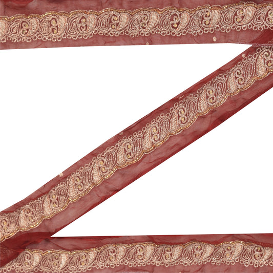 SANSKRITI VINTAGE SARI BORDER HAND BEADED 1 YD TRIMS DECOR 1.5'W RIBBRON MAROON