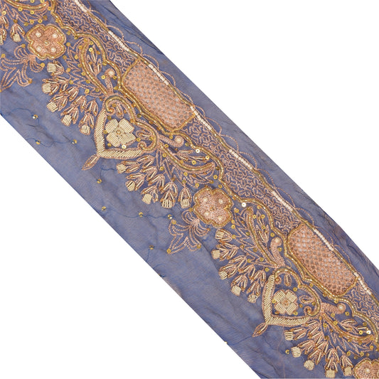 SANSKRITI VINTAGE SARI BORDER HANDBEADED CRAFT 1YD TRIMS CUT WORK LACE BLUE