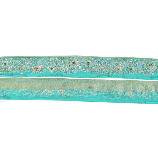 SANSKRITI VINTAGE SARI BORDER HAND BEADED CRAFT 1 YD TRIMS 1.5'W RIBBON SKY BLUE