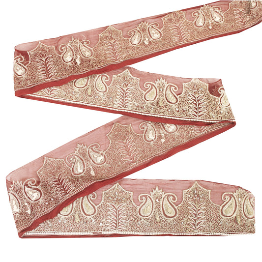 Sanskriti Vintage Sari Border Hand Beaded 1 YD Trim Zardozi Zari Maroon Lace 4"W