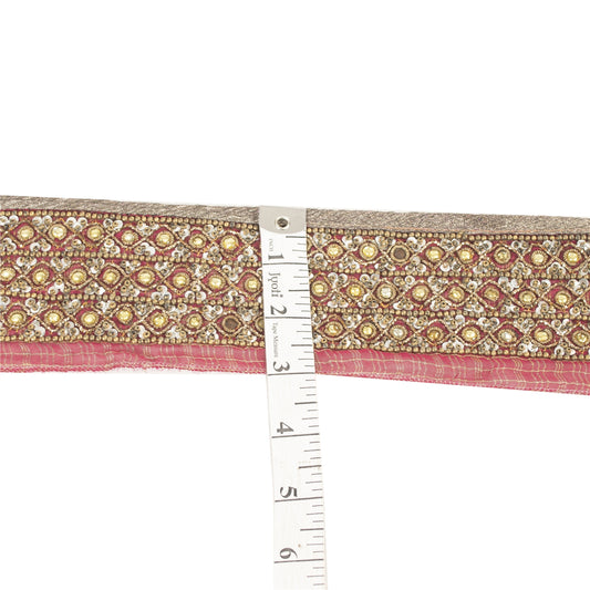 SANSKRITI VINTAGE SARI BORDER HAND BEADED 1 yd TRIMS LACE SEQUINS 2'W DECOR PINK