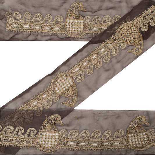 Sanskriti Vintage Sari Border Hand Bead Zari Zardozi 1 YD Craft Trim Brown Lace