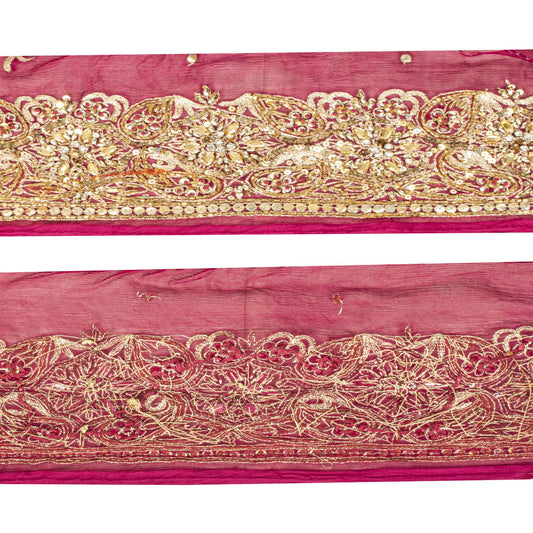 Sanskriti Vintage 1 YD 6"W Sari Border Pink Pure Chiffon Hand Embroidered Lace