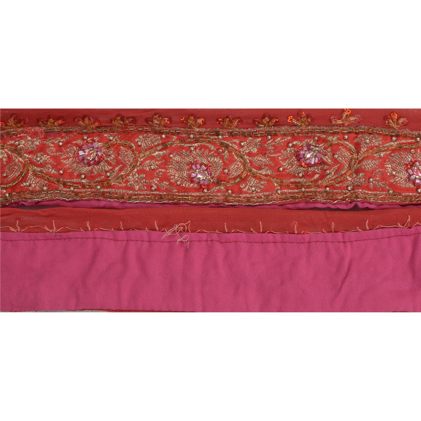 Sanskriti Vintage Sari Border Hand Beaded Brocade Zari Craft 1 Yd Red Trims Lace