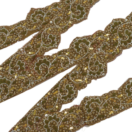 Sanskriti Vintage Sari Border Hand Beaded Zari 1 Yd Trims Sequins Lace 2'W Brown