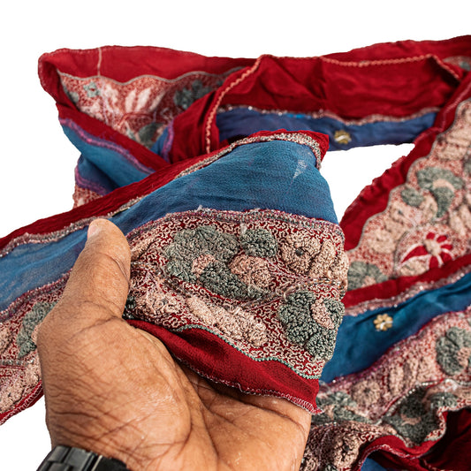 Sanskriti Vintage Sari Border Blue & Red Hand Beaded Zari Seqins Craft 1 Yd Sewing Trims Deco 4W Lace Pure Crepe Silk Saree Ribbon