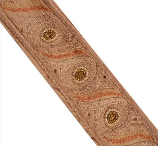 SANSKRITI VINTAGE SARI BORDER HAND BEADED CRAFT ZARI INDIAN 1 YD LACE 2'W CREAM