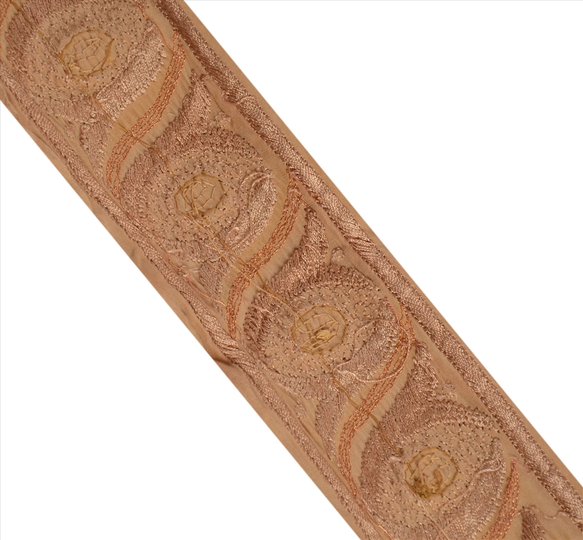 SANSKRITI VINTAGE SARI BORDER HAND BEADED CRAFT ZARI INDIAN 1 YD LACE 2'W CREAM