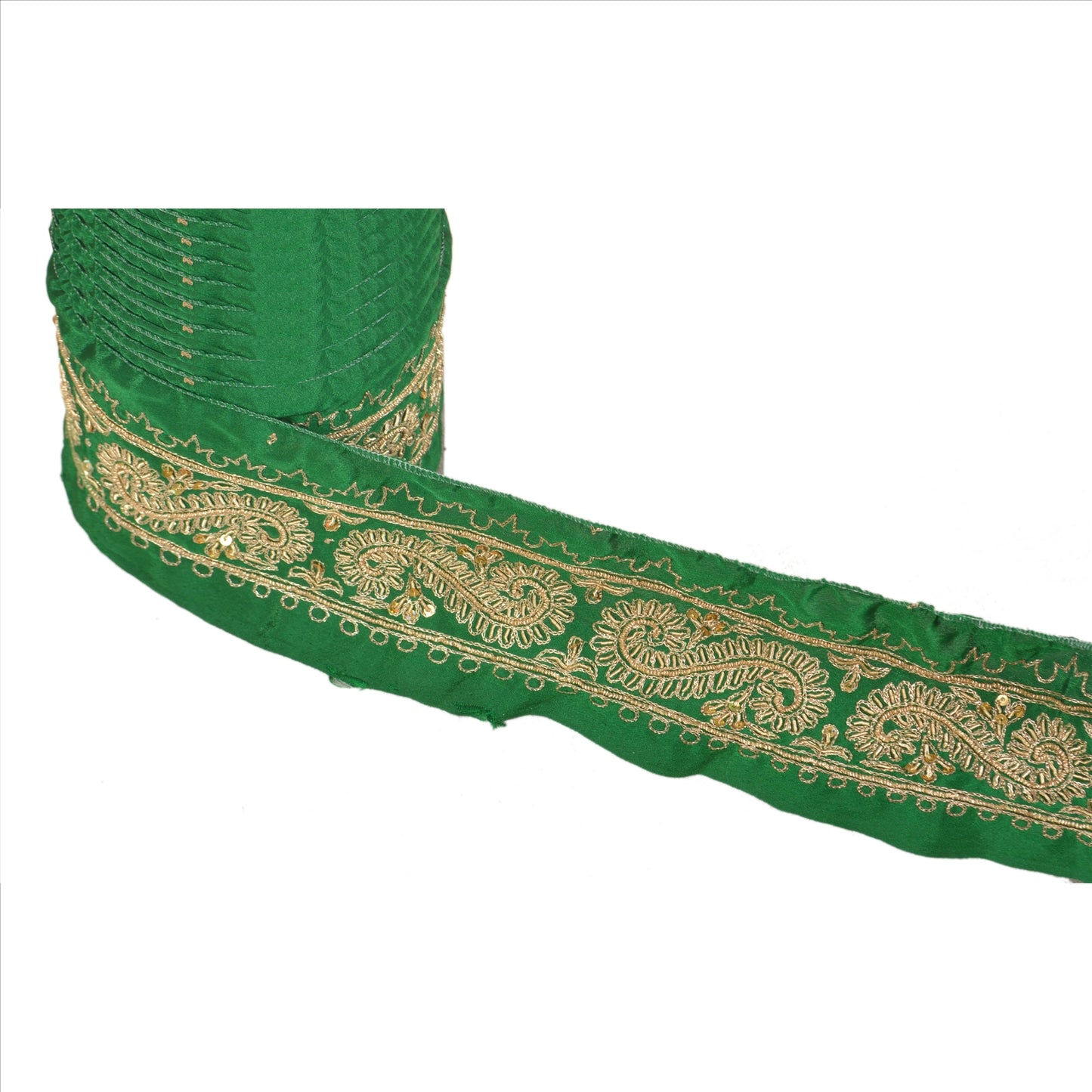 Sanskriti Vintage Sari Border Hand Beaded 1Yd Indian Trim Sewing Green Zari Lace