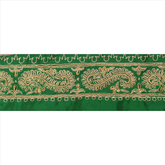 Sanskriti Vintage Sari Border Hand Beaded 1Yd Indian Trim Sewing Green Zari Lace