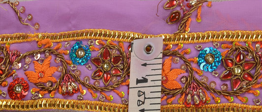 Sanskriti VINTAGE SARI BORDER HAND BEADED CRAFT 1YD TRIMS LACE 2'W FLORAL PURPLE