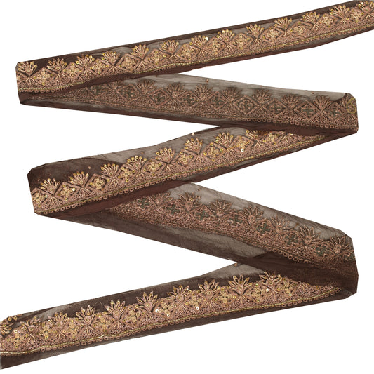 Sanskriti Vintage Sari Border Hand Beaded Zardozi 1 YD Trim Brown Craft Lace 1.5