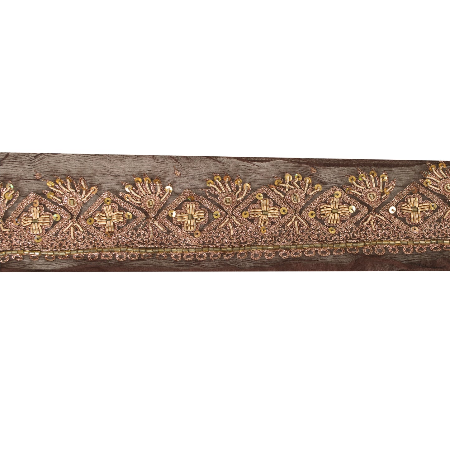Sanskriti Vintage Sari Border Hand Beaded Zardozi 1 YD Trim Brown Craft Lace 1.5