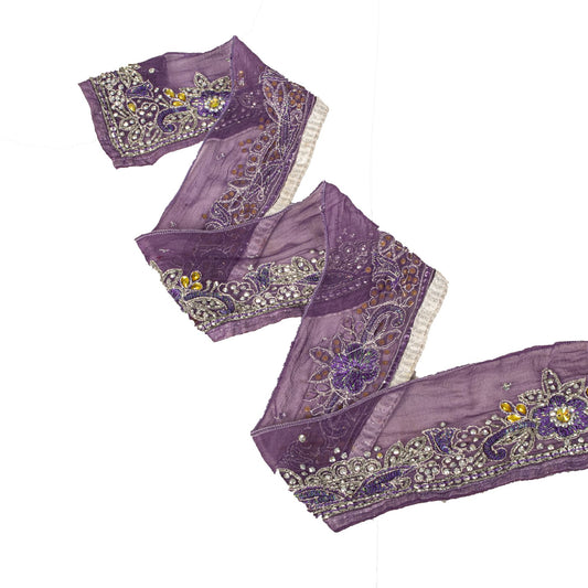 Sanskriti Vintage 1 Yard 3.5"W Sari Border Purple Pure Chiffon Hand Beaded Lace