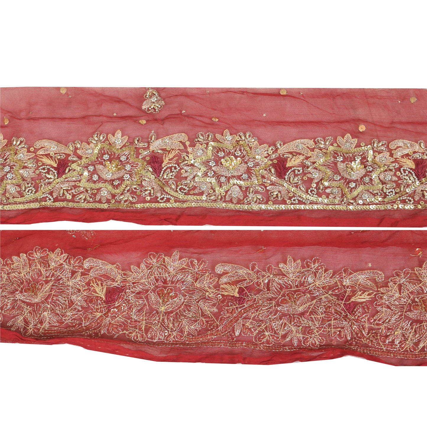 SANSKRITI VINTAGE SAREE BORDER HAND BEADED 1 YDTRIMS SEQUINS LACE 3'W MAROON