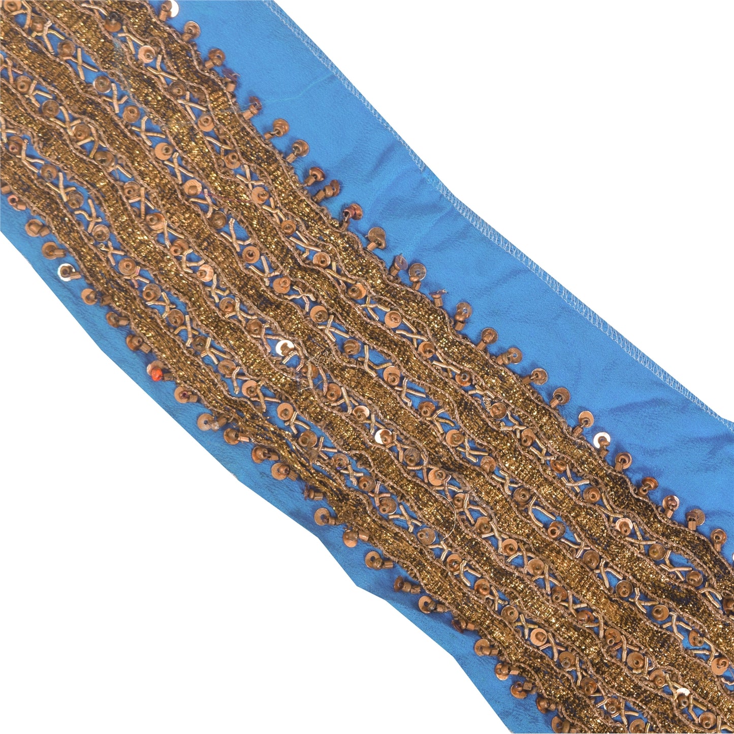 SANSKRITI VINTAGE SAREE BORDER HAND BEADED 1YD GOTA WORK TRIMS LACE 2.5'W BLUE