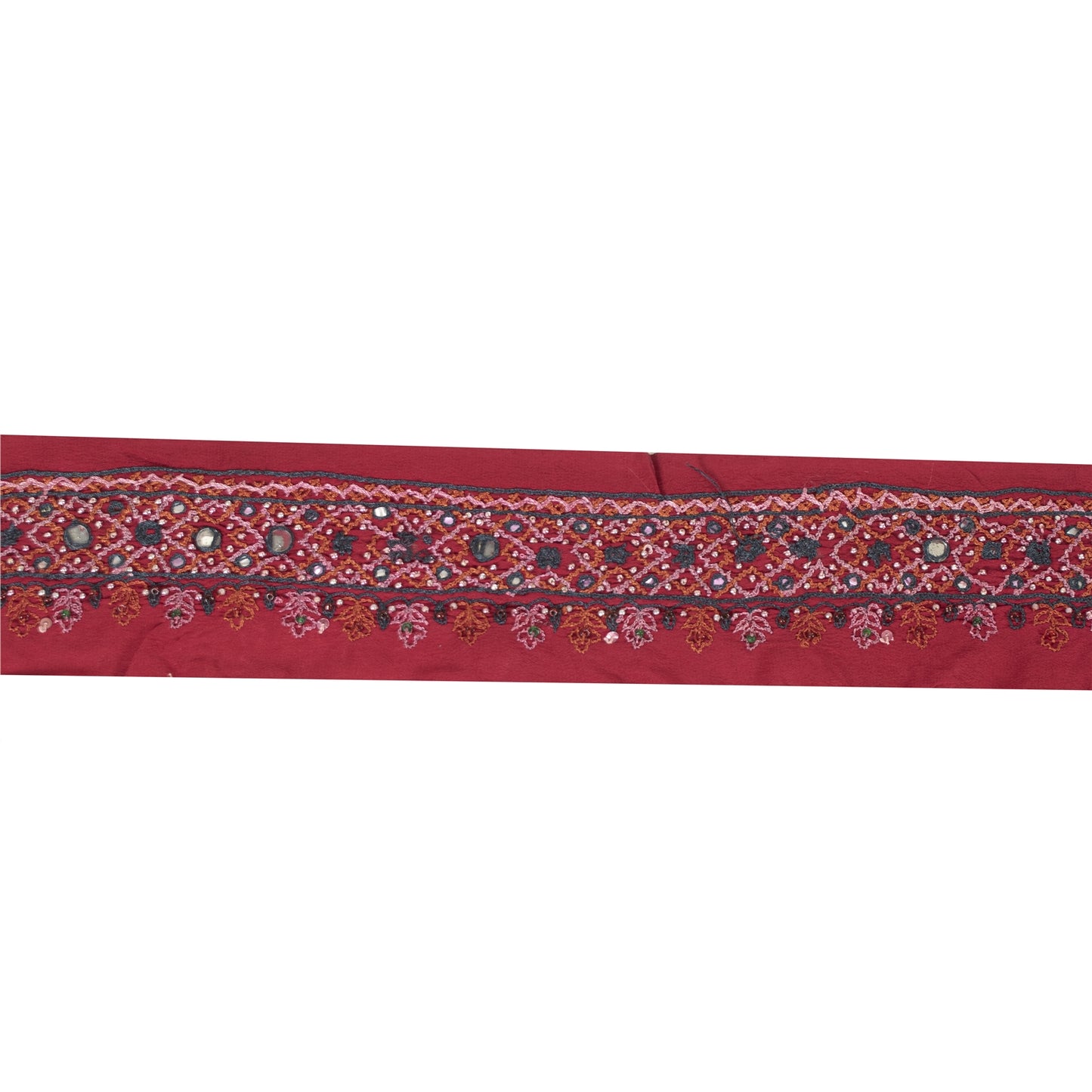 Sanskriti Vintage Sari Border Hand Bead Craft Trims Lace 1YD Indian Maroon 2.6W