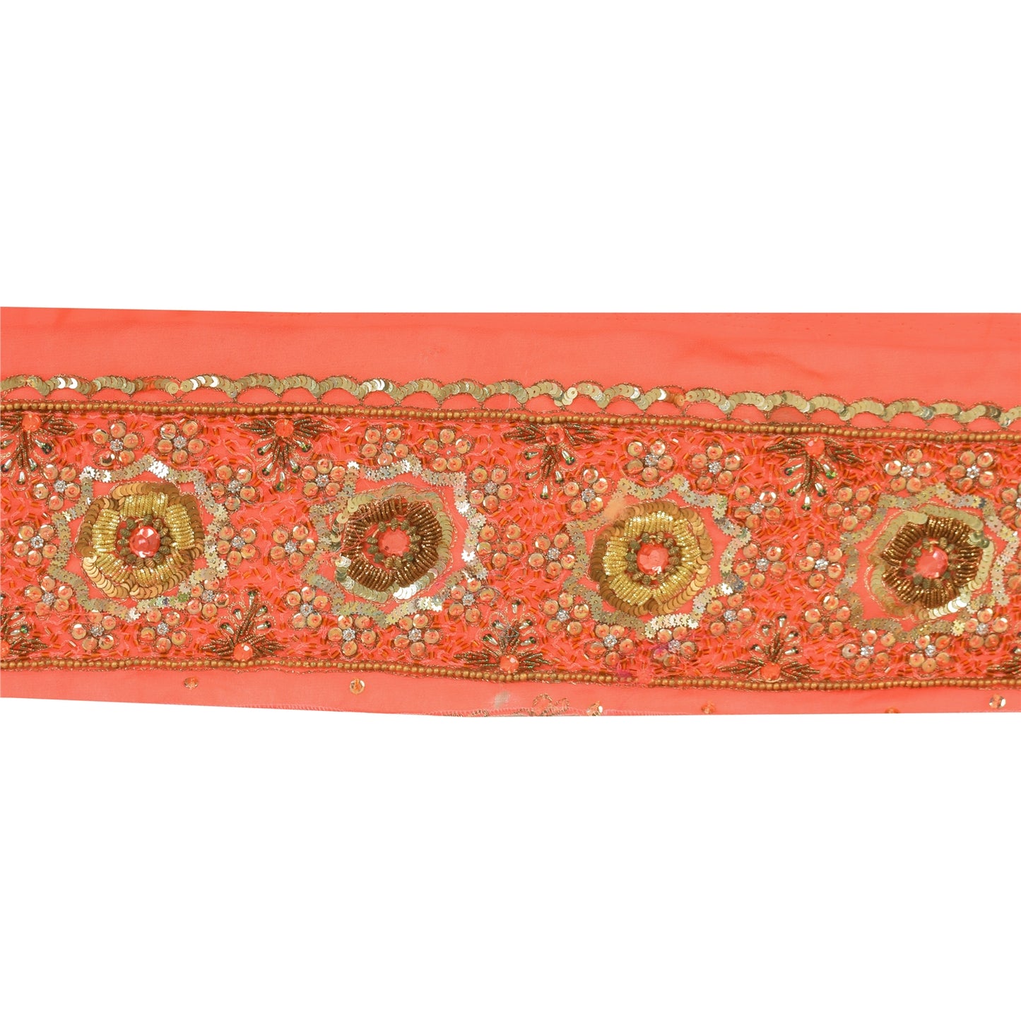 SANSKRITI VINTAGE SARI BORDER HAND BEADED CRAFT 1YD TRIMS FLORAL LACE 4'W PEACH