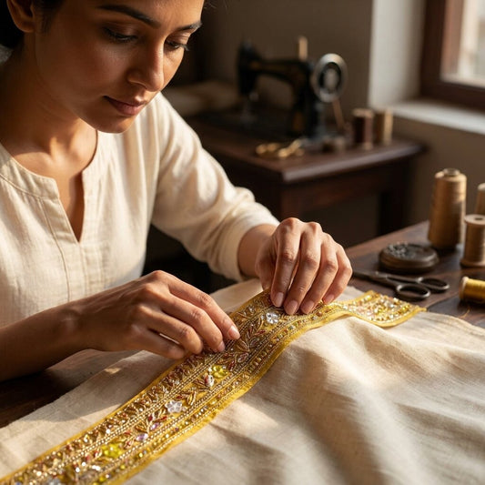 Sanskriti Vintage 1 YD 2.2"W Sari Border Yellow Pure Georgette Hand Embroidered