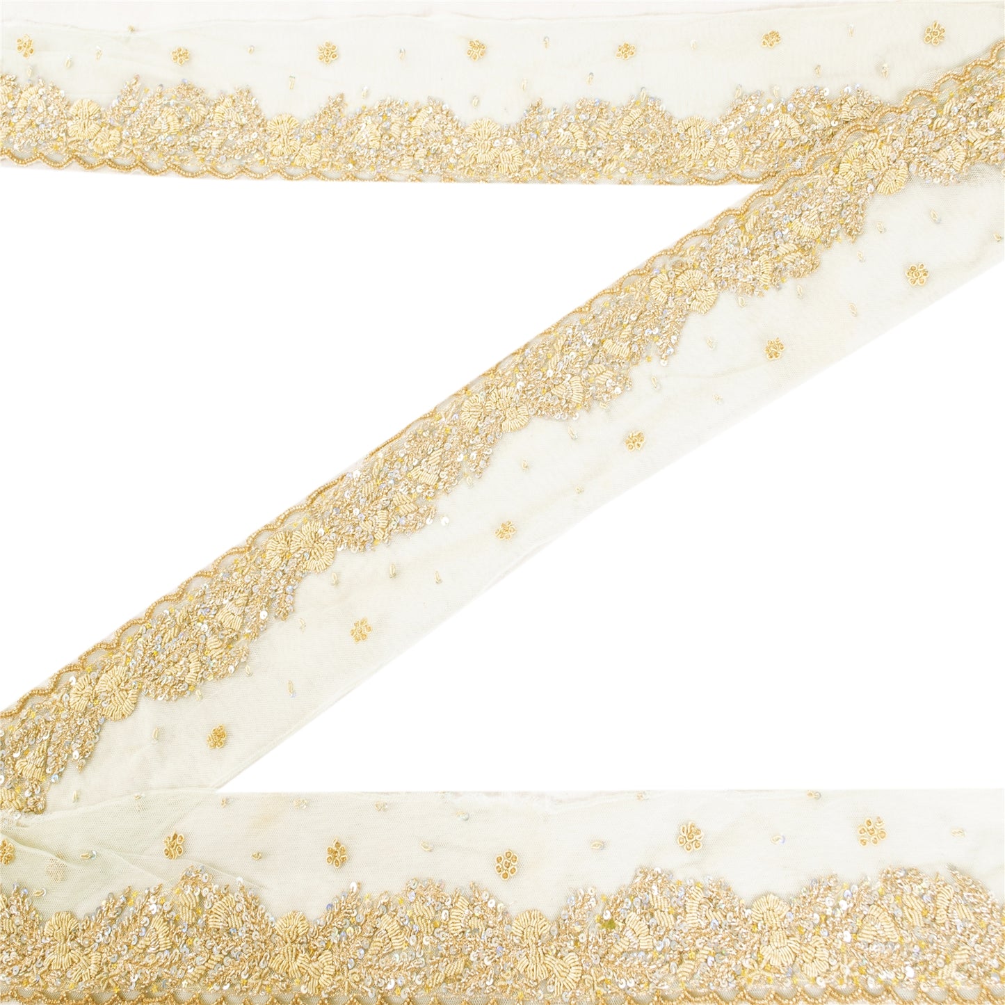 SANSKRITI VINTAGE SARI BORDER HAND BEADED CRAFT 1YD TRIMS FLORAL LACE 2'W GREEN