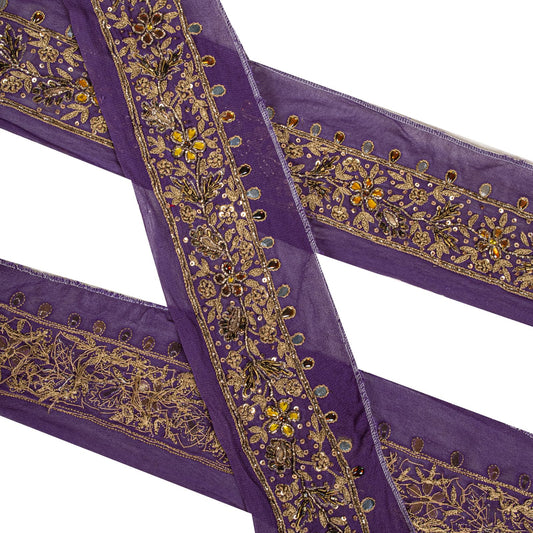 Sanskriti Vintage Purple Pure Georgette 1 YD Sari Border Hand Embroidered Lace