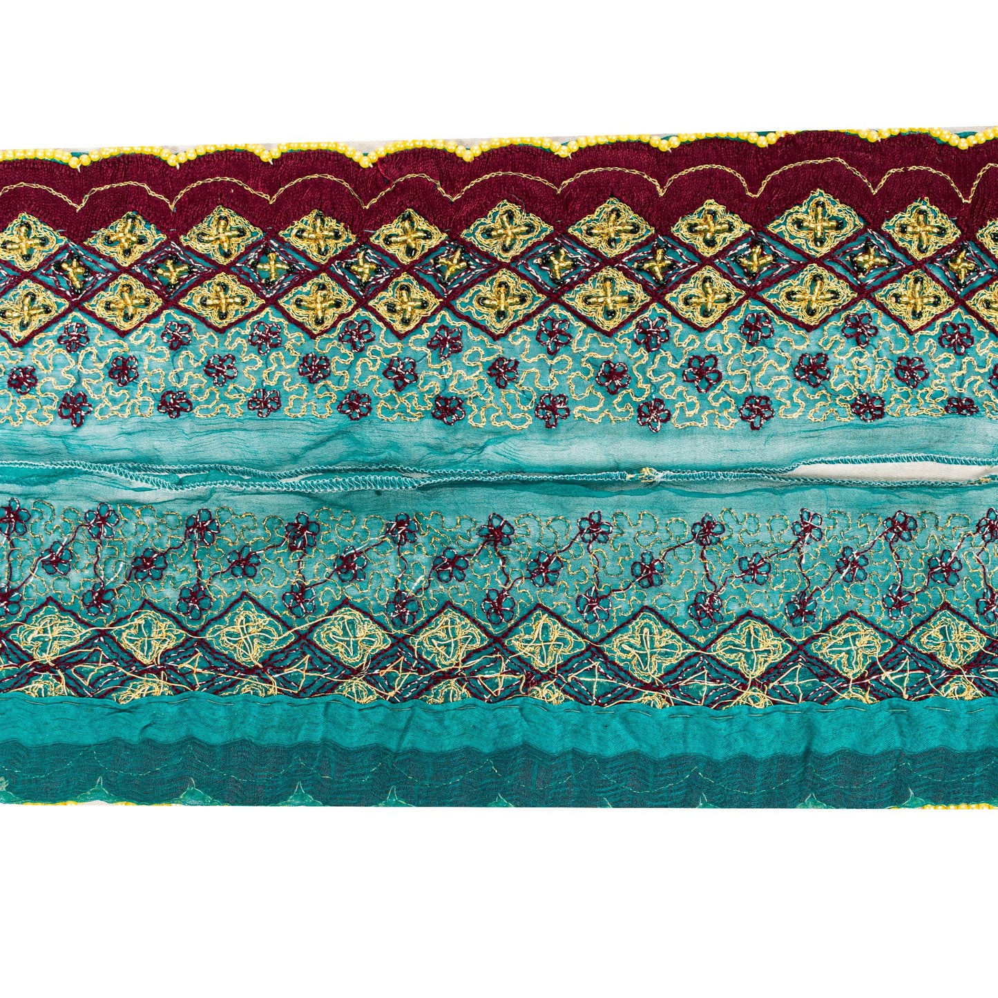 SANSKRITI VINTAGE SARI BORDER HAND BEADED CRAFT 1 YD TRIMS LACE 2'W GREEN MAROON